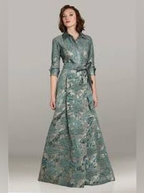 Fariani Couture 18246 Teal and Silver Brocade A-Line Maxi Dress